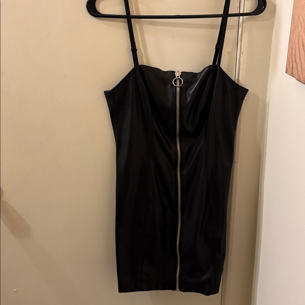 Black Strapless Dress faux leather with Zipper that opens, like new